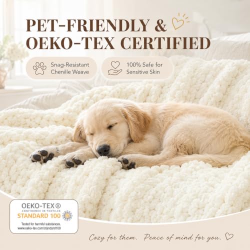 Luxury Chunky Knit Throw Blanket, Boho Chenille Cable Knit Blankets 50x60 | Upgraded no-shedding yarn, Super dense woven craftsmanship ensures durable cozy warmth for sofa, without pilling or fading.