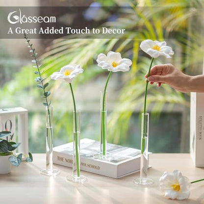 Glasseam Glass Bud Vase for Centerpieces, 16Pcs Clear Small Flower Vase Set | For Single Rose, 7.87" Tall, Skinny Cylinder, Modern, Table Decorations for Living Room, Kitchen, Wedding, Party, Baby Shower
