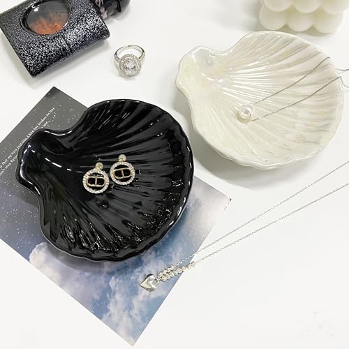 Shell Shape Ring Holder Dish, Seashell Jewelry Dish Tray, Ceramic Trinket Tray for Rings Earrings Necklaces Bracelet, Birthday Mother's Day Christmas Gift for Mom Friend Sister, 3.9", Black - color: Black
