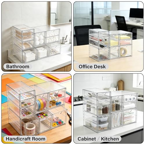 Prsildan Acrylic Drawer Makeup Organizer with 9 Drawers, Set of 3 Office Desk Organizers Accessories, Clear Stackable Storage Drawers for Vanity, Countertop, Craft, Jewelry, Art Supply Organization - size: 9 Drawers