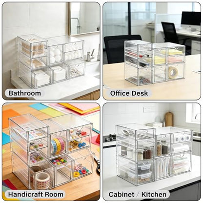 Prsildan Acrylic Drawer Makeup Organizer with 9 Drawers, Set of 3 Office Desk Organizers Accessories, Clear Stackable Storage Drawers for Vanity, Countertop, Craft, Jewelry, Art Supply Organization - size: 9 Drawers