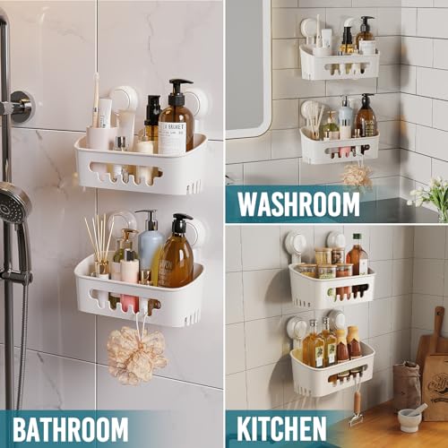 TAILI Shower Caddy Suction Cup 2 Pack, Heavy Duty Bathroom Organizer, Removable Shelves for Inside Shower, Shampoo, Waterproof Suction Plastic Storage for Bathroom Accessories Holder, White