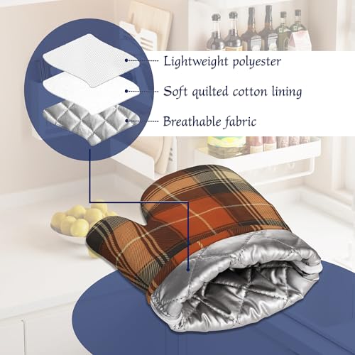 Brown Buffalo Plaid Oven Mitts and Pot Holders Retro Check Silicone Kitchen Accessories Set of 4 Heat Resistant Non-Slip Long Gloves Potholder for Chef Cooking Baking Gifts Women Men - color: Brown Buffalo Plaid,retro Check