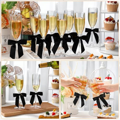Zopeal Plastic Reusable Champagne Flute Glasses 6 oz and 50 Pcs Bow Set Acrylic Wedding Toasting Goblet 3.5" Bow Unbreakable Wine Cup for Bachelorette Bridal Shower Party(Clear and Black) - color: Clear and Black