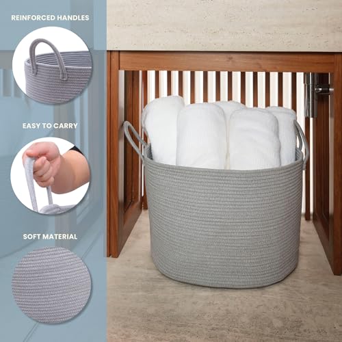 OrganiHaus Round Toy Basket & Blanket Basket, Cotton Rope 20x13" | Full Gray - Round Cotton Rope Basket, 20x13" - color: Full Gray, size: Wide