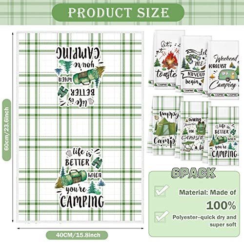 Redbaker 6 Pcs Camping Kitchen Towels with Hanging Loop | Happy Camper Themed Decor for RV Accessories, Bonfire Tent Car Designs, Absorbent Hand Towels for Outdoor Camping Gifts - style: Camping
