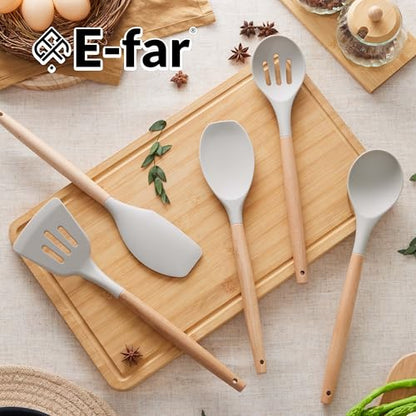 E-far Silicone Cooking Utensils Set, 5-Piece Kitchen Utensils Set with Wooden Handle for Cooking, Silicone Kitchen Nonstick Tools Spatula Turner Slotted Spoons, Nontoxic & Heat Resistant-Khaki - color: Khaki, size: 5