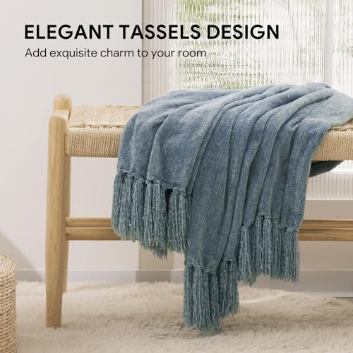 RECYCO Throw Blanket Soft Cozy Chenille Throw Blanket with Fringe Tassel for Couch Sofa Chair Bed Living Room Gift (Dusty Blue, 60'' x 80'') | Super Soft Knit Throw Blanket with Fringe Tassels, Lightweight Knitted Throw, Cozy, Ideal for Sofa Chair Bed Liv