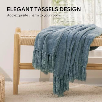 RECYCO Throw Blanket Soft Cozy Chenille Throw Blanket with Fringe Tassel for Couch Sofa Chair Bed Living Room Gift (Dusty Blue, 60'' x 80'') | Super Soft Knit Throw Blanket with Fringe Tassels, Lightweight Knitted Throw, Cozy, Ideal for Sofa Chair Bed Liv