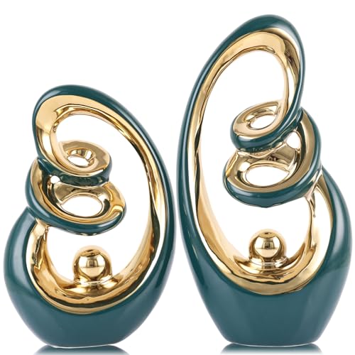 Teal Ceramic Abstract Sculpture Statue,Mid Century Modern Gold Accent Decor,Porcelain Statues Art Deco Gold Show Piece for Home - Contemporary Tv Stand End Table Centerpieces (Green Gold) - color: Green Gold