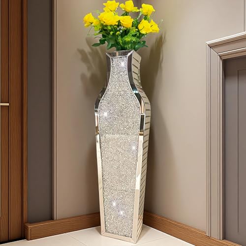 36" Extra Large Double Sided Crushed Diamond Vases,Extra Tall Mirrored Silver Vase for Floor, Huge Crystal Crush Diamond Decorative Vase forHome,Office,Hotel(10.6" Lx 5.37" W x36 H) - color: Silver, size: 10.6" L x 5.37" W x 36" H