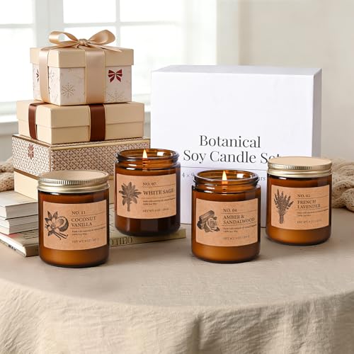 Scented Candles for Women, 4-Pack 9 oz Soy Candle Set for Home, 36 oz Total | Lavender, Amber-Sandalwood, White Sage & Coconut Vanilla. Soy Wax Aromatherapy Candles for Birthdays & Valentine's Day Gifts - color: 4 Pack Amber Jar Candles Set