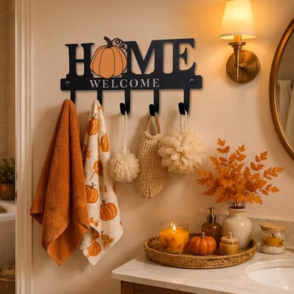 Halloween Home Pumpkin Key Holder Wall Mount Metal Fall Decorative Key Hooks Organizer Hanger Coat Rack with 5 Hooks Retro Welcome Autumn Halloween Decor for Entryway Bathroom 9.8 Inch - style: Pumpkin