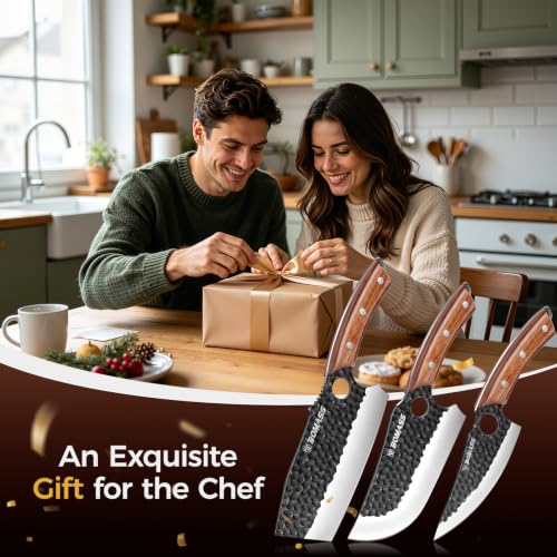 3PCS Butcher Knife Set, Hand Forged Kitchen Chef Knife Set Gift | Meat Cleaver Knife Viking Boning Knife for Home, Outdoor Camping BBQ High Carbon Steel Japanese Knives, Gift for Men Father - size: 6.7"