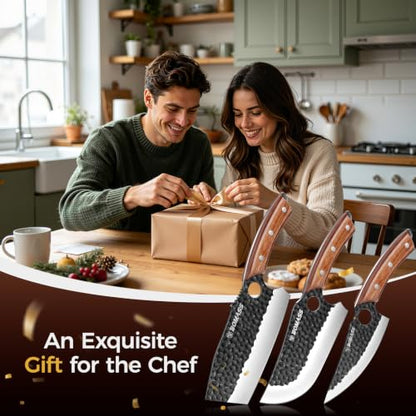 3PCS Butcher Knife Set, Hand Forged Kitchen Chef Knife Set Gift | Meat Cleaver Knife Viking Boning Knife for Home, Outdoor Camping BBQ High Carbon Steel Japanese Knives, Gift for Men Father - size: 6.7"