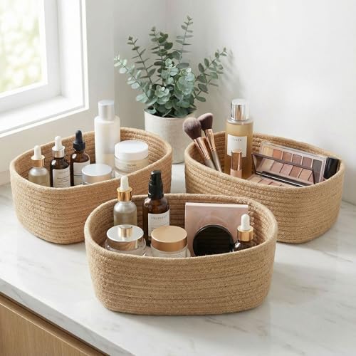 Beautiful Storage Basket Set of 3 - Sturdy Jute Rope Baskets for Shelves | Perfect for Organizing Your Home - Quality Storage Bins Easily Fit with Any Nursery or Bedroom Decor - color: Jute-Brown