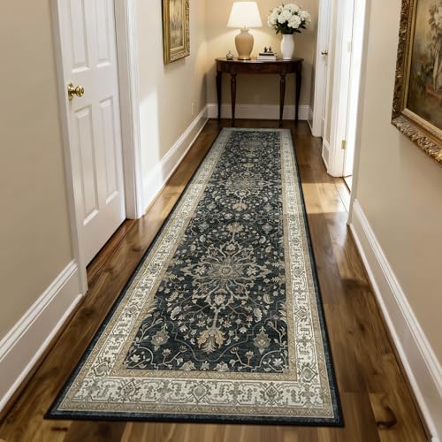 RELEANY Washable Vacuum-Friendly Area Rugs Runner 2'x8' Black/Vintage | Low Pile Stain-Resistant, Soft Non-Slip, Floral Vintage Distress Print Pattern Medallion, for Living Room Bedroom Hallway - color: Black/Vintage, size: 2' x 8' (Rectangular)