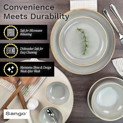 Sango 16-Piece Stoneware Dinnerware Set for 4, Glossy Cream/Green Big Dinner Plates and Bowls Sets with Reactive Glaze, Ceramic Dish Set, Modern Dishes, Microwave & Dishwasher Safe, Resona Moss - color: Green/Cream, size: 16-Piece Set