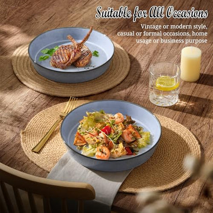 E-far Pasta Bowls, 34oz Stoneware Bowl Plate for Dinner Serving Soup Salad, Wide & Shallow Large Ceramic Pasta Plate Set of 4, Microwave & Dishwasher Safe, Reactive Glaze with Rim, Ocean Blue - color: Ocean Blue