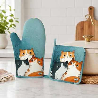 Cute Cartoon Cat Oven Mitts and Pot Holders Sets Funny Cat Silicone Heat Resistant Kitchen Oven Gloves Pot Holder for Cooking Baking Grilling BBQ - color: Cute Cartoon Cat