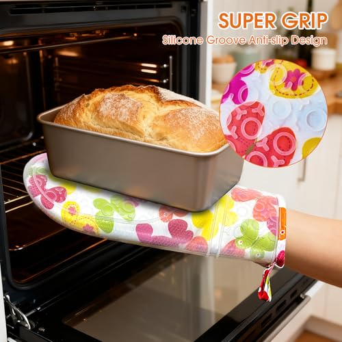 Silicone Oven Mitts Set Heat Resistant 2PCS Kitchen Mittens with Soft Cotton Lining Long Waterproof Non-Slip Oven Gloves for Cooking, BBQ, Baking-Flower - color: Flower