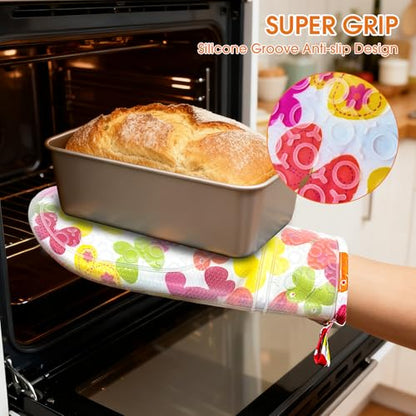 Silicone Oven Mitts Set Heat Resistant 2PCS Kitchen Mittens with Soft Cotton Lining Long Waterproof Non-Slip Oven Gloves for Cooking, BBQ, Baking-Flower - color: Flower