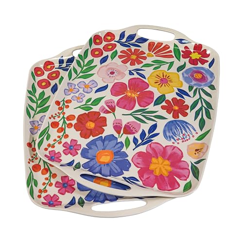 TP Melamine Serving Trays with Handles, 17” x 12”, Set of 2, Floral | Rectangular Trays, Serving platters for Food and Meat, Party Serving, Lightweight, Break-resistant - color: Floral, size: 17" x 12"