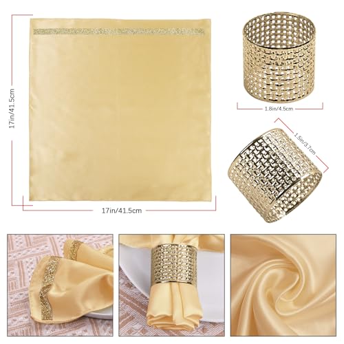 12 Pack Cloth Napkins and Gold Napkin Rings Set of 6, 17x17 Bling Trim Satin Cocktail Napkins Cloth Washable Personalized Dinner Napkins for Wedding Party Holiday Decorative | 17x17 Inch Personalized Gold Napkins Set, Washable Fancy Dinner & Cocktail Napk