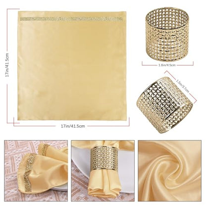 12 Pack Cloth Napkins and Gold Napkin Rings Set of 6, 17x17 Bling Trim Satin Cocktail Napkins Cloth Washable Personalized Dinner Napkins for Wedding Party Holiday Decorative | 17x17 Inch Personalized Gold Napkins Set, Washable Fancy Dinner & Cocktail Napk