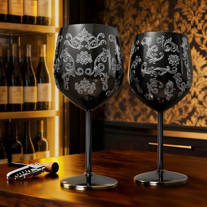 Lifecapido Stainless Steel Wine Glasses Set of 2, 18oz Etched Black Wine Goblets, Unique Wine Glasses with Intricate Baroque Engravings for Party Wedding Anniversary - color: Black