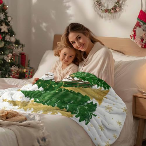 Christmas Tree Throw Blanket, Snowflakes Winter Xmas Super Soft Warm Flannel Blankets for Bed Couch Sofa Green Gold Tree Stars Lightweight Fluffy Plush Bed Throws 50x60 Inch - color: Green White, size: 50''x60''