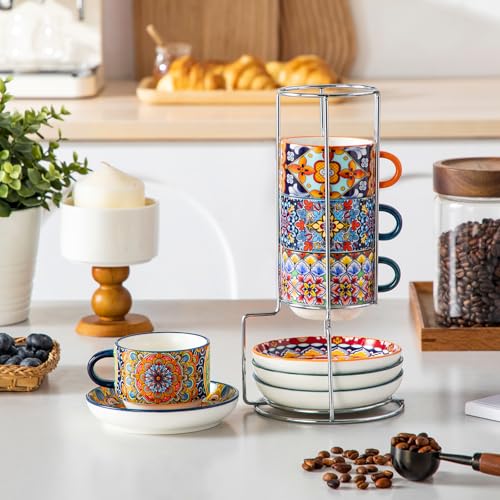 vancasso 4 Oz Bohemian Espresso Cup Set of 4, Ceramic with Saucers | Microwave and Dishwasher Safe, Easy Clean, For Cappuccino, Tea, Latte, Espresso, Stackable Design with Metal Display Stand - size: 4 Oz