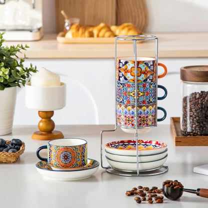 vancasso 4 Oz Bohemian Espresso Cup Set of 4, Ceramic with Saucers | Microwave and Dishwasher Safe, Easy Clean, For Cappuccino, Tea, Latte, Espresso, Stackable Design with Metal Display Stand - size: 4 Oz