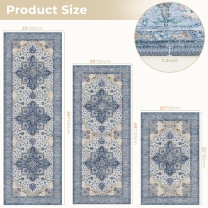3 Piece Kitchen Rugs Sets with Runner, Washable Non Slip Soft Boho Kitchen Mats, Low Pile Stain Resistant Carpet for Hallway, Laundry Room, Entryway (20"x32"+20"x48"+20"x59", Blue Beige Cream) - color: Blue Beige Cream