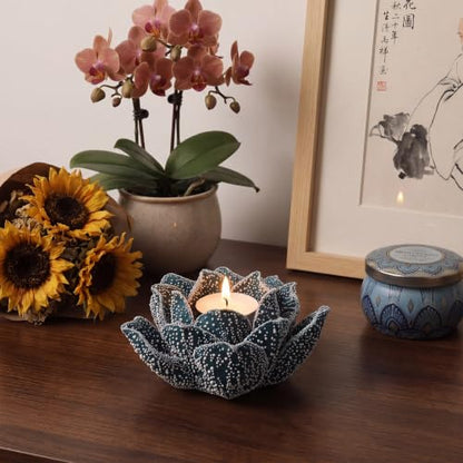 Mumufy 2 Pcs 4.7 Inch Lotus Candle Holders Blue Ceramic Flower Tealight Holder Ceramic Lotus Flower Holders for Home Decor Meditation Yoga Room Bathroom Table Centerpiece Decorative