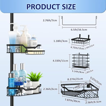 Shower Caddy Corner, 4 Tier Adjustable 48 to 115 Inch Adjustable Rustproof Corner Shower Caddy Tension Pole, Floor Standing Bath Rack with Rod (4 Tier - Triangular)