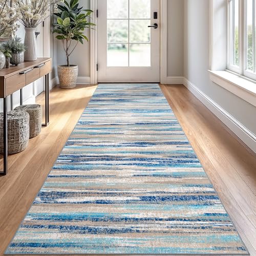 Lansny Abstract 2.6x10 Runner Rug Washable Runners for Hallway Non Slip | Blue;Thin Printed Faux Wool Runners;Rubber Backed Floor Carpet Runners 10ft;Extra Long Runner Rug for Hall Entryway - color: Blue Aqua/Beige Taupe Multi, size: 2'7" x 10' (Runner)