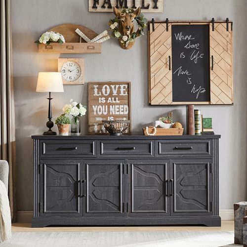 66" Farmhouse Buffet Cabinet with Storage, Sideboard Credenza, Carved Cloud-Inspired Doors, 3 Drawers & Adjustable Shelves, Coffee Bar Cabinet, Black - color: Black