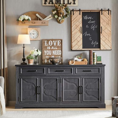 66" Farmhouse Buffet Cabinet with Storage, Sideboard Credenza, Carved Cloud-Inspired Doors, 3 Drawers & Adjustable Shelves, Coffee Bar Cabinet, Black - color: Black