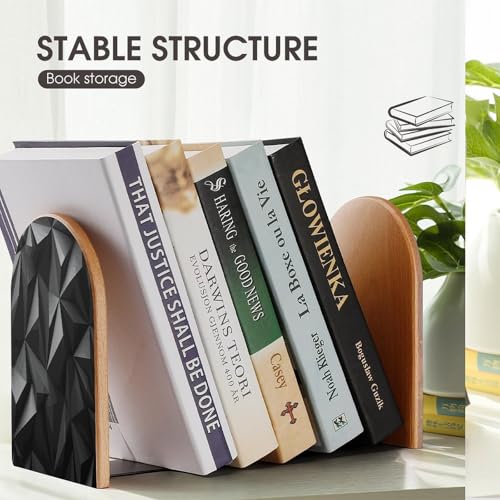 Personalized Black Geometric Book Ends for Shelves, Large Heavy Duty Wooden Bookends with Non-Skid Metal Base Book Holder Decorative Book Stopper for Home Office Supplies 1 Pair