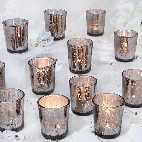 UPBUD Black Votive Candle Holders Set of 24 | Speckled Mercury Tealight Candle Holders for Wedding Centerpiece Table, Bridal Shower Decor, Home Decor - color: Black