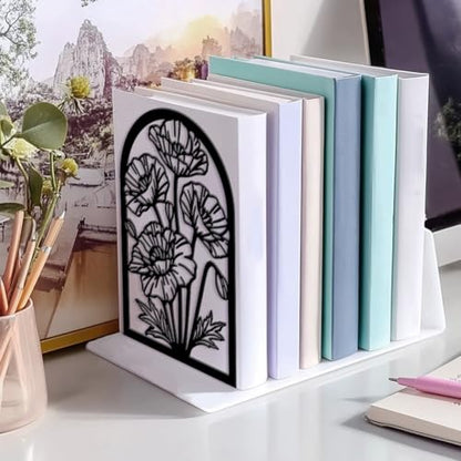5.3"x4.3"x7.9" Metal Bookends, Heavy Duty Book Ends for Shelves | Poppies Theme Cast Iron Book Supports, 1 Pair Decor Stoppers for Desk, Library, Office & Home Shelves - style: Poppies