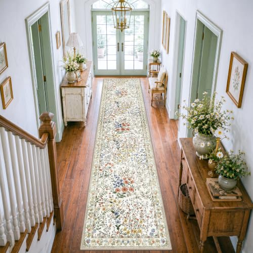 Washable Long Runner Rug 3x12: Vintage Botanical Runner for Large Hallway Office Gallery - Machine Washable Non Slip Low Pile Carpet - Soft Foldable Rug for Busy Indoor Spaces - 3'x12' Beige - color: Beige, size: 3x12