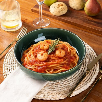 GBhome 8.75'' Large Ceramic Pasta Bowls, 38oz Stoneware Pasta Serving Bowls Set of 4 for Kitchen, Wide Bowls for Fruit,Pasta,Salad,Oatmeal,Meal, Microwave Safe, Reactive Glaze-Earth Green - color: Earth Green