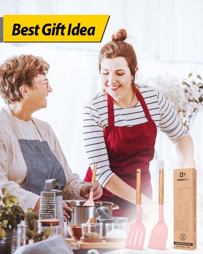 Pack of 2 Silicone Cooking Spatula, Heat Resistant Solid Turner, Non Stick Slotted Spatulas with Wooden Short Handle,Ideal Wood Kitchen Utensils Set for Frying, Baking, Flipping, Turning - color: Pink