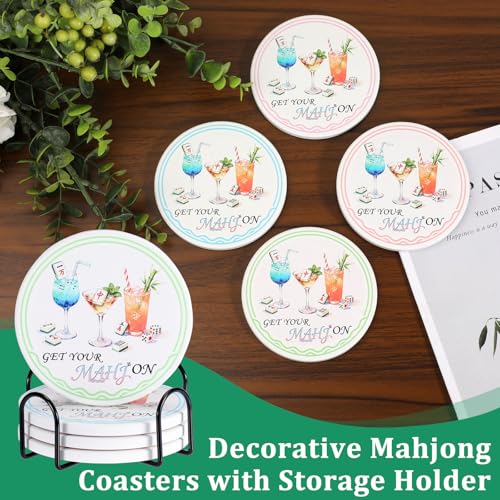 Ceramic Coasters with Holder, Mahjong Table Coasters for Drinks Set of 4 | 4x4 Inch for Most Mugs, Absorbent Round Cup Mats, Mahjong Gift and Accessories, Table Game Housewarming Party Supplies - size: 4x4 in (Style 1)