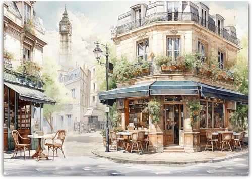 Framed Street View Wall Art European Coffee Shop Canvas Print, Paris City Scene Painting, Vintage Cafe Artwork for Kitchen Dining Room Living Room, Bedroom Home Decor, Multi Size - color: Green 02, size: 36"L x 24"W