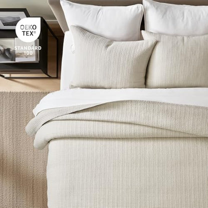 100% Cotton Modern Grid Stitch Quilt Set, King Size, Birch | Pre-Washed Cotton Coverlet Bedspread, Oversized Lightweight 3-Piece Bedding Set for All Season, with 2 Pillow Shams - color: Birch, size: King (110" X 94")