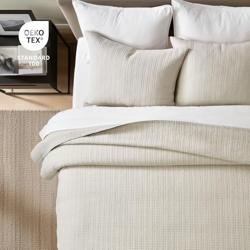100% Cotton Modern Grid Stitch Quilt Set, Queen Size, Birch | Pre-Washed Cotton Coverlet Bedspread, Oversized Lightweight 3-Piece Bedding Set for All Season, with 2 Pillow Shams - color: Birch, size: Full/Queen (96" X 94")