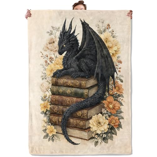 Fantasy Black Dragon Floral Throw Blanket, Vintage Books and Flower, Soft Flannel Fleece, 50x60 Inch, Couch Sofa Reading Nook Blankets for Women Book Lovers, Cozy Retro Home Decor Gifts - color: Dragon, size: 60x50 INCH
